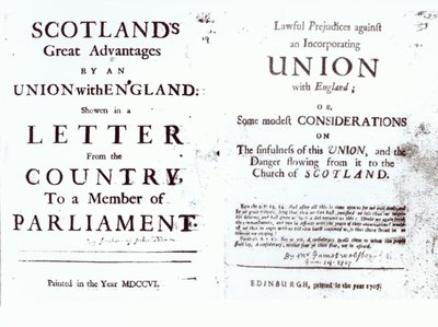 Pamfletten die beide kanten van het Anglo-Schotse uniedebat tonen, 1707 door English School